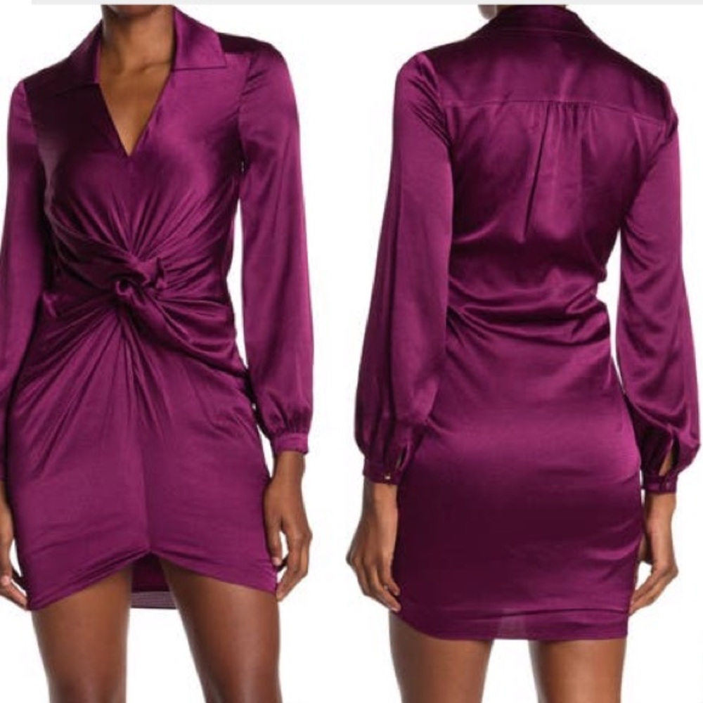 Trina Turk Plum Satin Long Sleeve Twist Front Dress